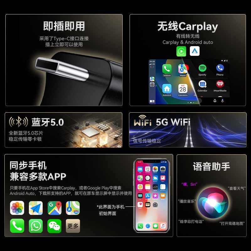 车机互联转换盒无线Carplay导航Android Auto转换器Type-C模块 - 图0