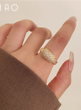 碎金记忆 欧美奢华设计感镶钻大气开口食指戒指 复古小众高级指环