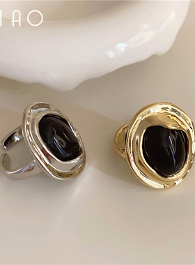 钻禧荣耀 复古小众设计黑色不规则椭圆开口戒指 新潮个性高级指环