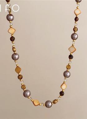 混搭美感~小众复古美拉德虎眼石串珠珍珠项链 轻奢气质温柔锁骨链