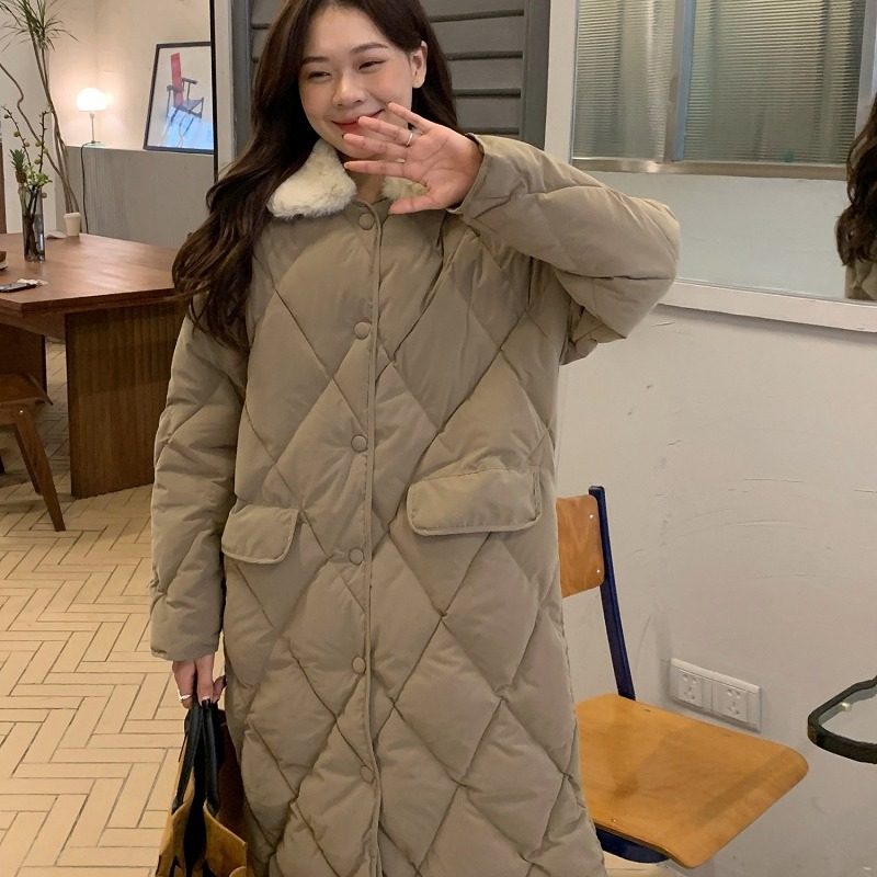 2021冬季简约韩版菱形格毛领棉服 淮慕霏棉衣/棉服