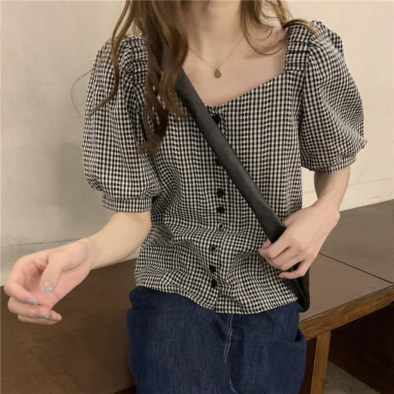 新款韩式复古方领格子撞色气质衬衫 淮慕霏衬衫