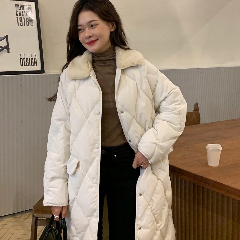 2021冬季简约韩版菱形格毛领棉服 淮慕霏棉衣/棉服