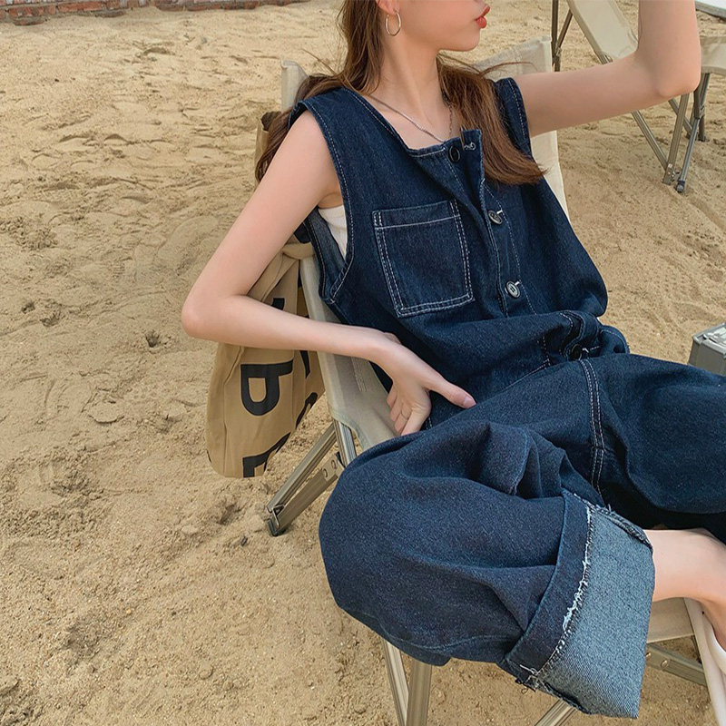 无袖背心牛仔连体裤女2024春夏新款显瘦阔腿裤休闲时尚炸街背带裤