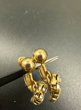 vintage中古莱茵石耳夹，金色水滴造型，镶满闪亮水钻，做工精致