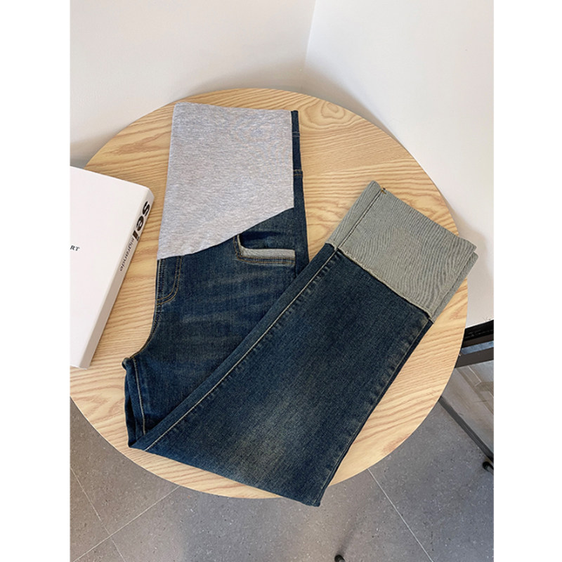 撞色拼接裤脚孕妇烟管外穿牛仔裤 布衣妈咪孕妇直筒裤