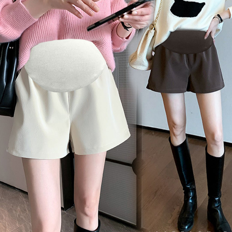 孕妇皮春秋季新款外穿开叉托腹短裤 布衣妈咪孕妇阔腿裤