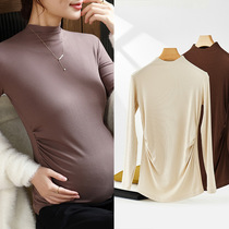 Pregnant woman hit undershirt autumn winter 2023 new half high collar knit inner lap top 100 lap elastic pure color long sleeve T-shirt