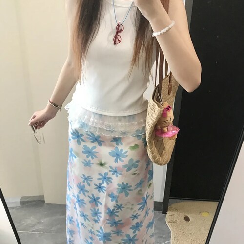 【发财欧尼fortunee~】蓝色碎花雪纺半身裙夏季修身显瘦鱼尾裙女 - 图1