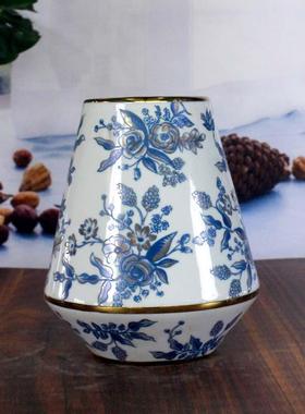 新中式青花瓷陶瓷花瓶几何形花瓶花艺插花客厅装饰摆件陶瓷花瓶