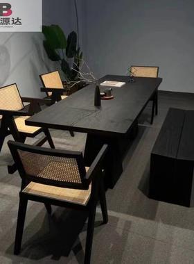 实木餐桌现代创意白蜡版简约黑色公桌工作台长方形茶桌客厅长桌