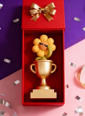 创意向日葵奖杯造型红色礼盒摆件