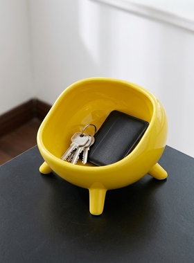 创意黄色陶瓷三脚碗桌面收纳摆件