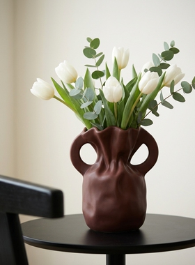 创意几何双手柄皮质花瓶摆件