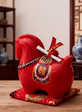 新年红陶瓷马摆件中式吉祥如意