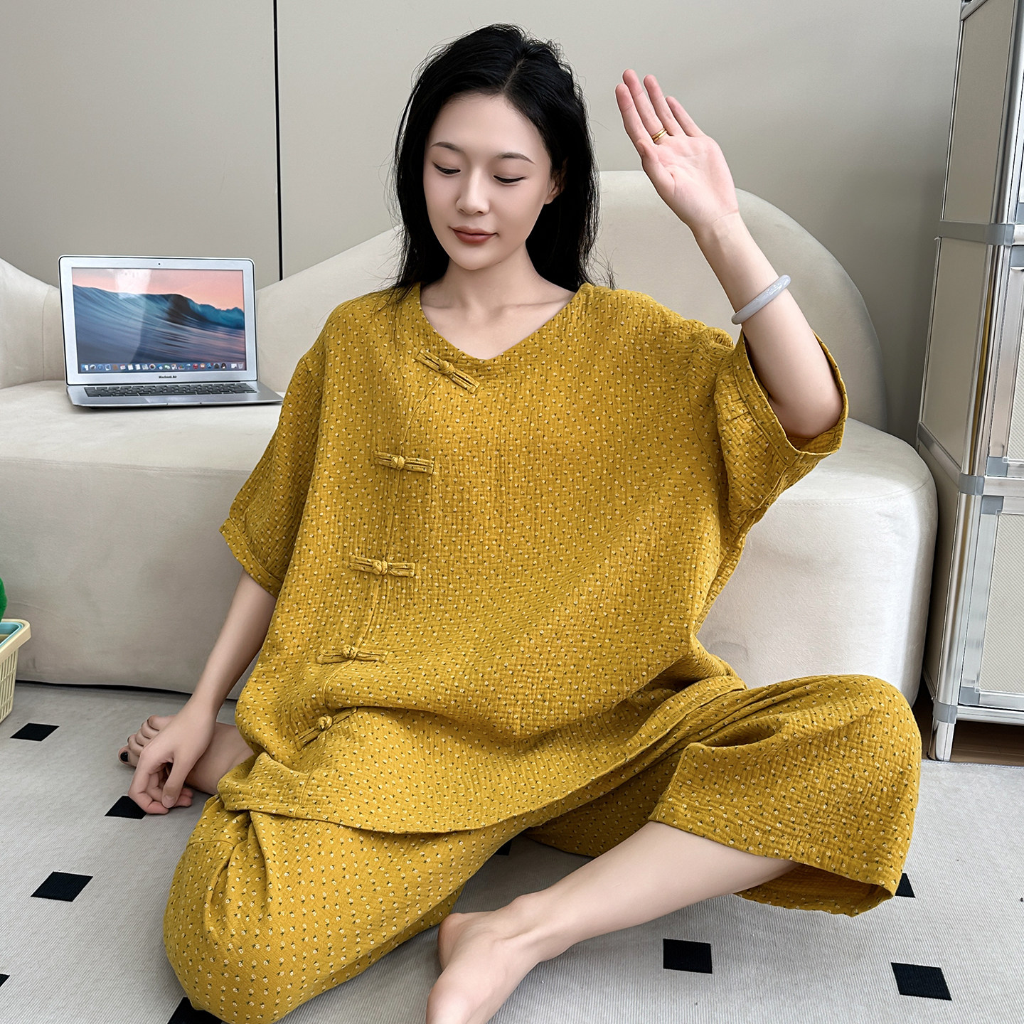 新中式夏季睡衣女大码200斤胖mm双层棉纱国风盘扣短袖家居服套装,淘宝优惠券,粉丝福利购,淘宝优惠卷