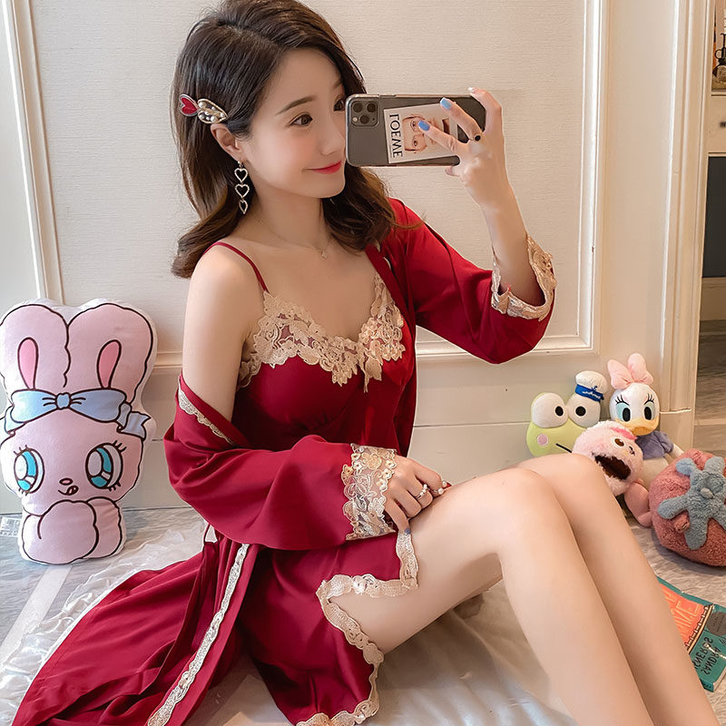 性感夏季冰丝红色私房蕾丝吊带睡裙 桃仙姬睡裙