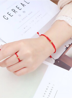 原创编织小金珠红绳戒指手链女ins纯银好运珠不掉色简约情侣一对