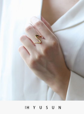 纯银戒指女镀18k金个性简约时尚ins开口潮人心电图波浪纹食指戒子