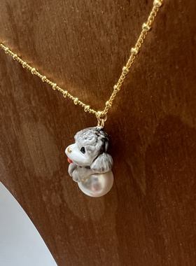 原创设计新款珐琅釉彩灰白色泰迪犬小狗项链精致可爱送女友礼物