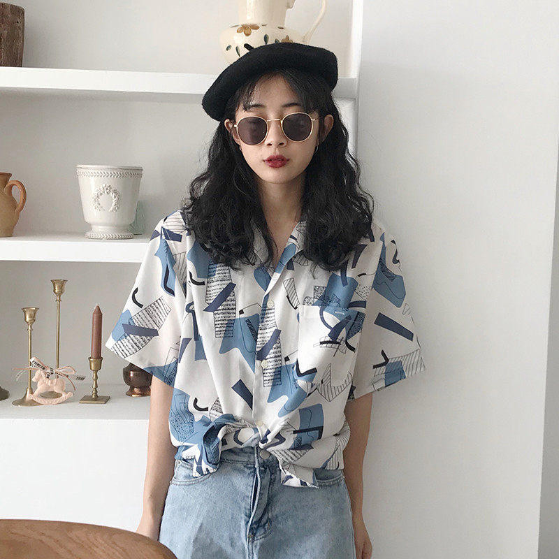 港风复古印花短袖2020夏季韩版衬衣 薇彩蔓蕾丝衫/雪纺衫