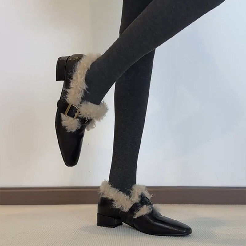 软皮版法式加绒保暖毛毛单鞋女2025一脚蹬棉鞋方头粗跟通勤小皮鞋,淘宝优惠券,粉丝福利购,淘宝优惠卷