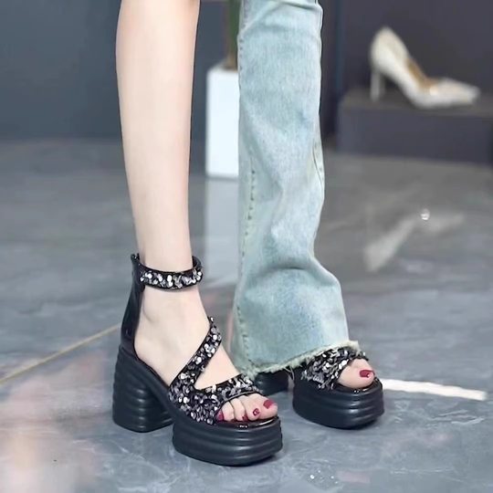 Women's square head thick sole thick heel Roman sandals