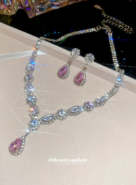 锆石水滴吊坠项链耳环套装轻奢高级感锁骨链女复古宫廷风饰品