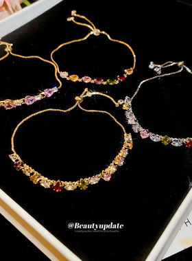 锆石彩色菱形水滴抽拉式手链ins小众时尚百搭手环轻奢高级感手饰