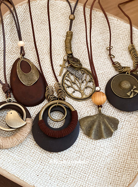 木头圆形帽子水滴形树叶吊坠项链复古民族风锁骨链设计感毛衣链女