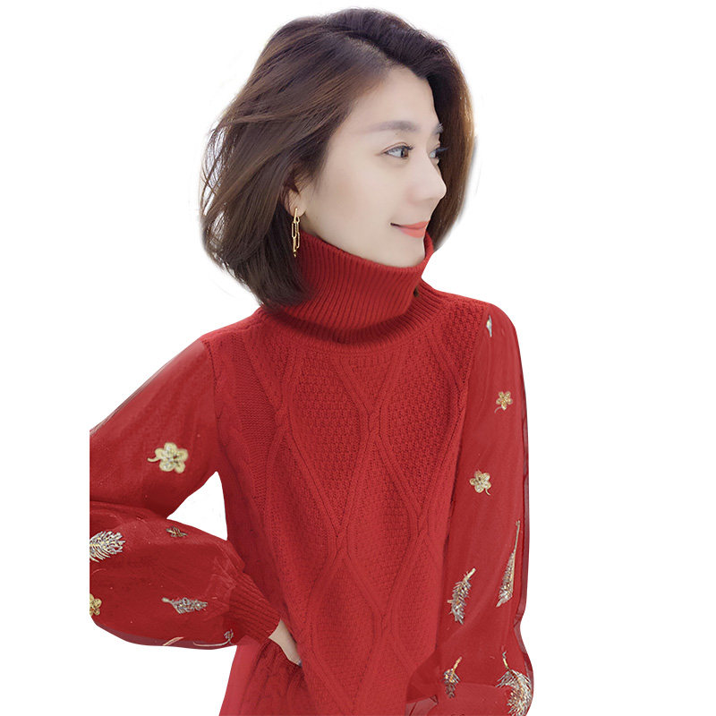 红色高领气质针织裙子欧货2022毛衣 娇奴姬连衣裙