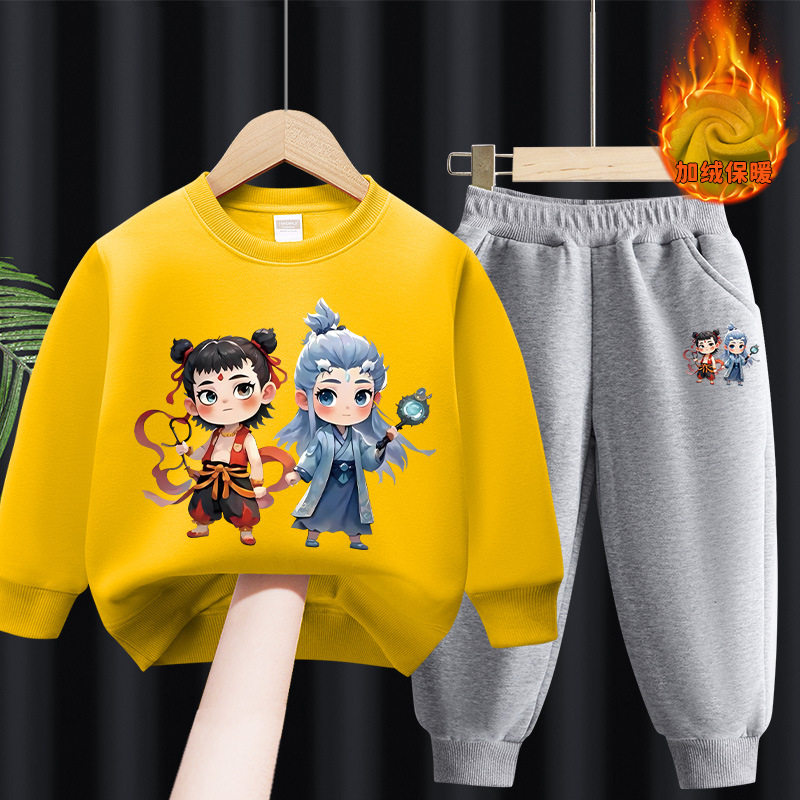 男童加绒卫衣套装秋冬卡通哪吒2童装女童洋气冬装儿童加厚两件套,淘宝优惠券,粉丝福利购,淘宝优惠卷