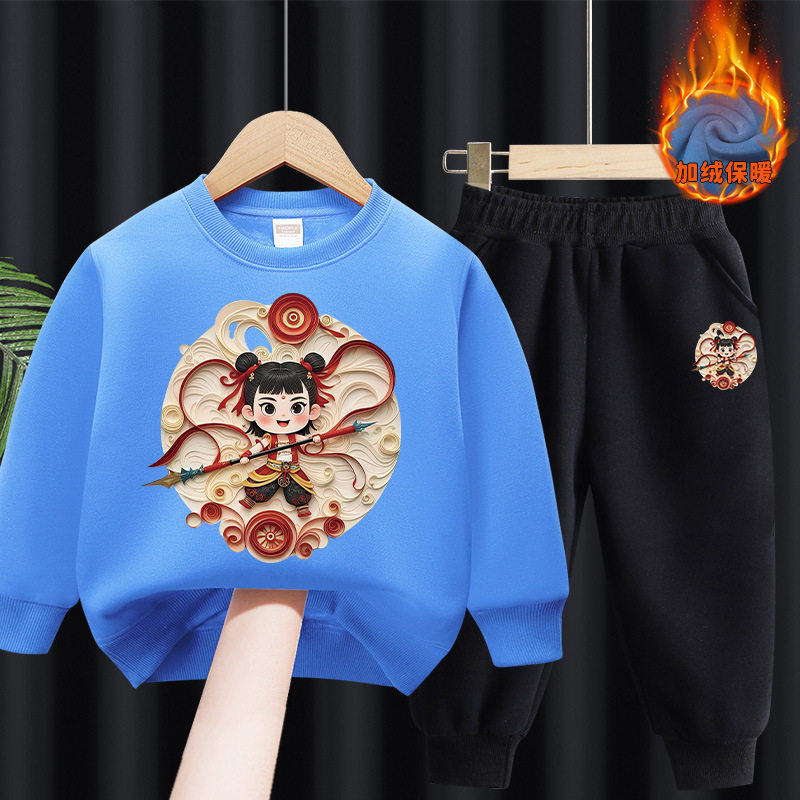 男童加绒卫衣套装秋冬卡通哪吒2童装女童洋气冬装儿童加厚两件套,淘宝优惠券,粉丝福利购,淘宝优惠卷
