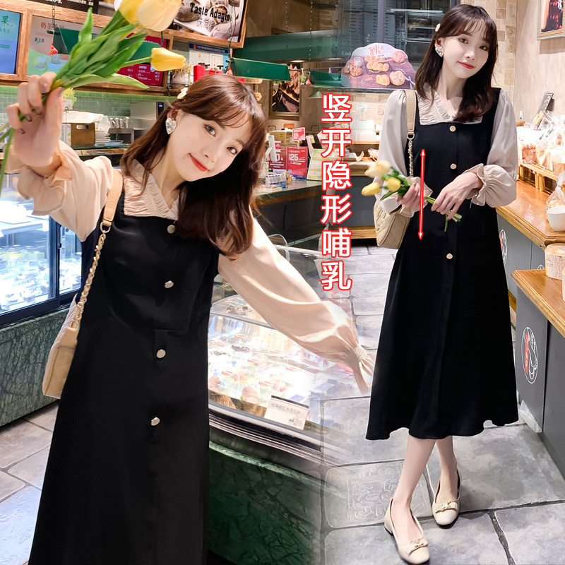 哺乳衣服春季时尚外出假两件连衣裙 宫适哺乳衣/月子服