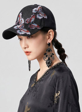 复古蝴蝶刺绣显脸小女硬顶鸭舌帽