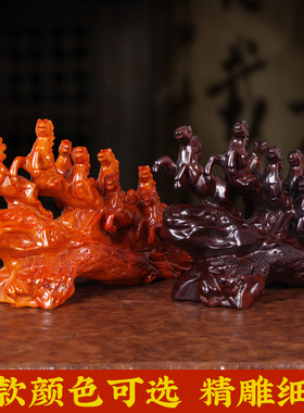 实木雕刻办公室桌面开业八骏马