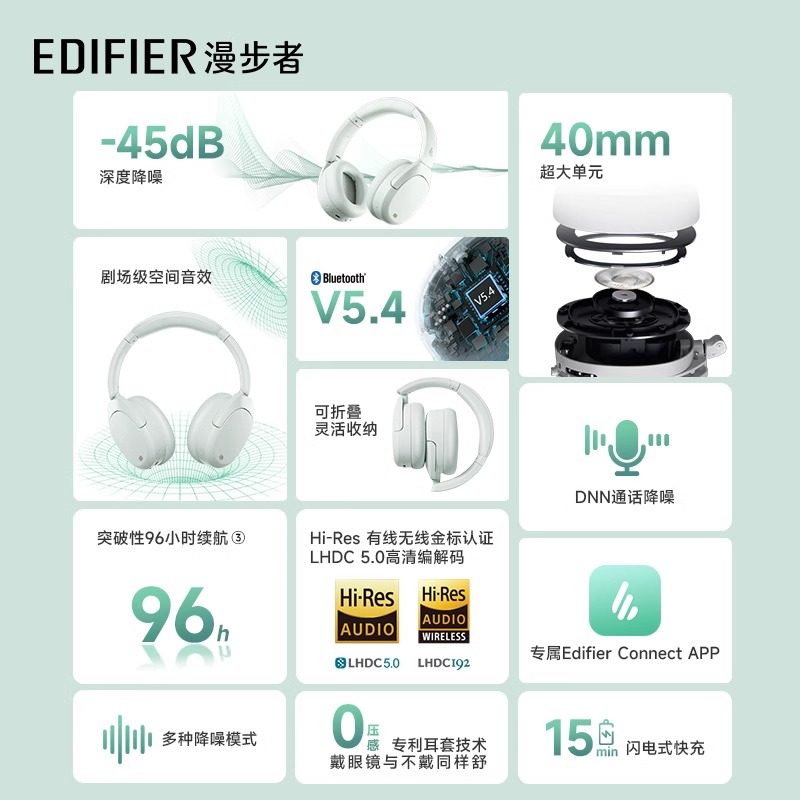 漫步者W830NB限定色薄荷绿头戴式主动降噪蓝牙耳机音乐运动男女生,淘宝优惠券,粉丝福利购,淘宝优惠卷