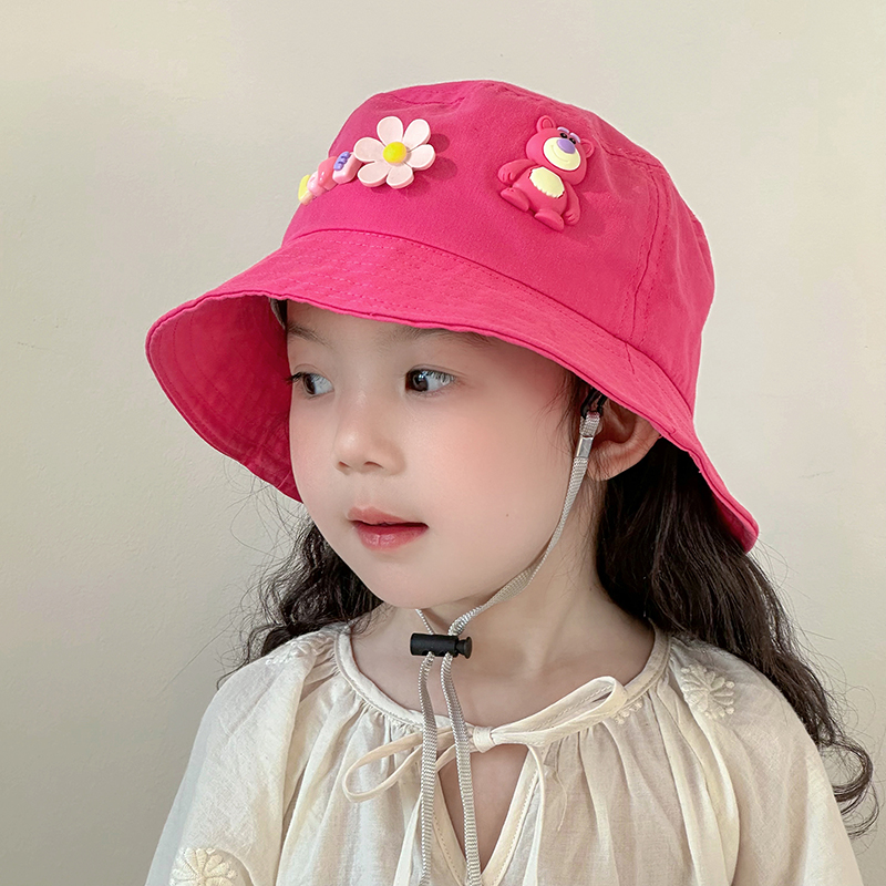 草莓熊儿童帽子春秋女童渔夫帽薄款女孩遮阳帽户外出游宝宝防晒帽