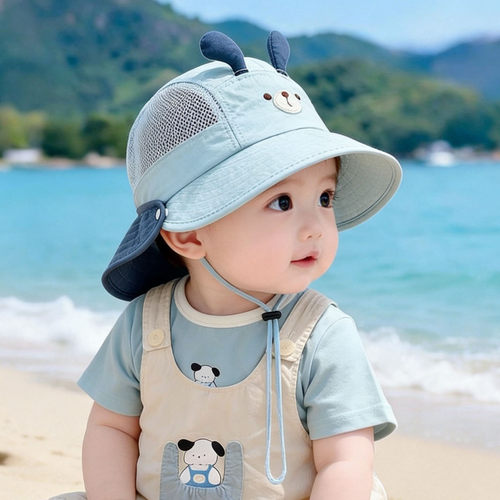 宝宝防晒帽春夏季婴幼儿遮阳渔夫帽大帽檐薄款可拆卸男女童太阳帽 - 图1