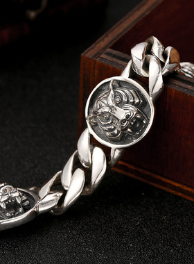 小众银饰s925纯银男士手链粗款老虎头霸气泰银时尚复古手环手镯