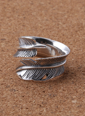 小众饰品S925纯银开口羽毛戒指银饰品复古泰日韩指环男女士款戒指