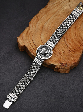 小众银饰S925纯银手工编织手链貔貅粗款男手环潮流泰银复古手镯