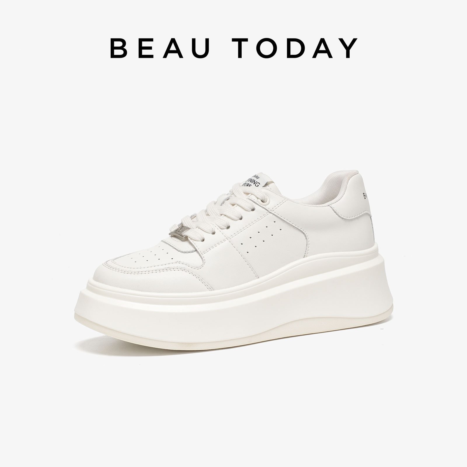 「男女同款」BeauToday厚底老爹鞋男高级感增高小白鞋真皮休闲鞋 - 图0
