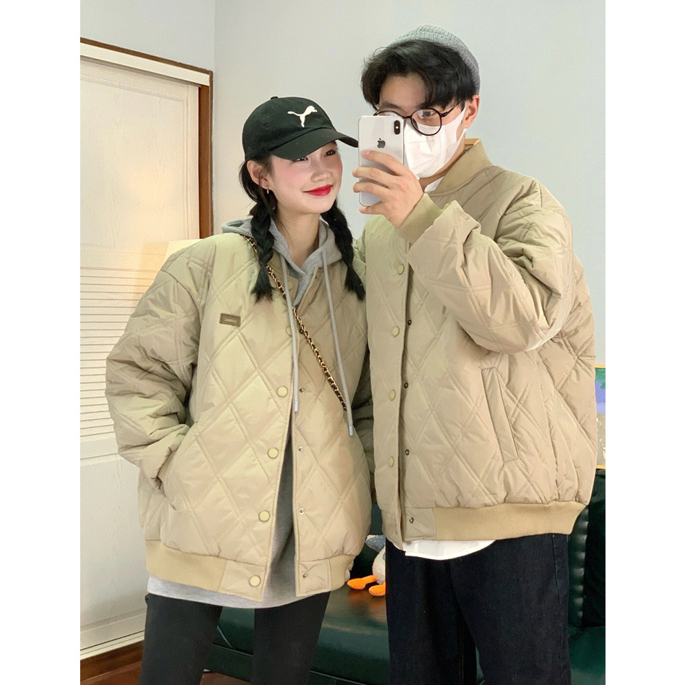 日系菱格棉服女冬季棒球服2023新款潮牌加厚棉衣棉袄外套男情侣装