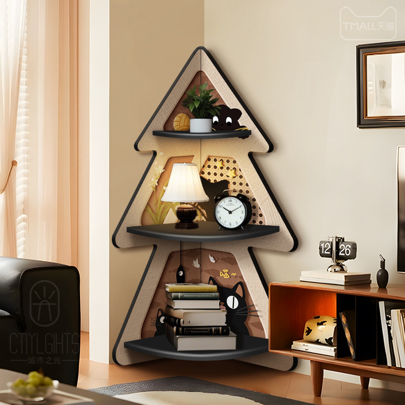 中古风客厅三角落地置物架复古猫咪床头转角柜高级感拐角收纳柜子,淘宝优惠券,粉丝福利购,淘宝优惠卷