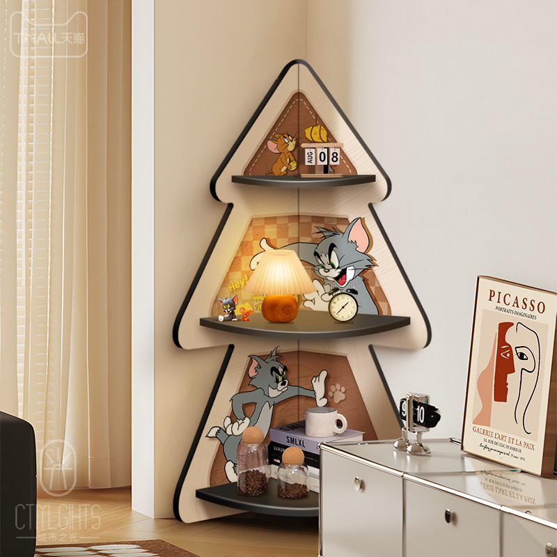 奶油风客厅三角落地置物架猫和老鼠床头转角柜高级感落地拐角柜,淘宝优惠券,粉丝福利购,淘宝优惠卷