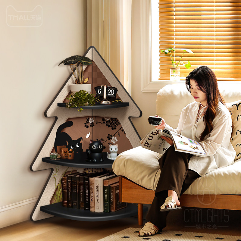中古风客厅三角落地置物架复古猫咪床头转角柜高级感拐角收纳柜子,淘宝优惠券,粉丝福利购,淘宝优惠卷