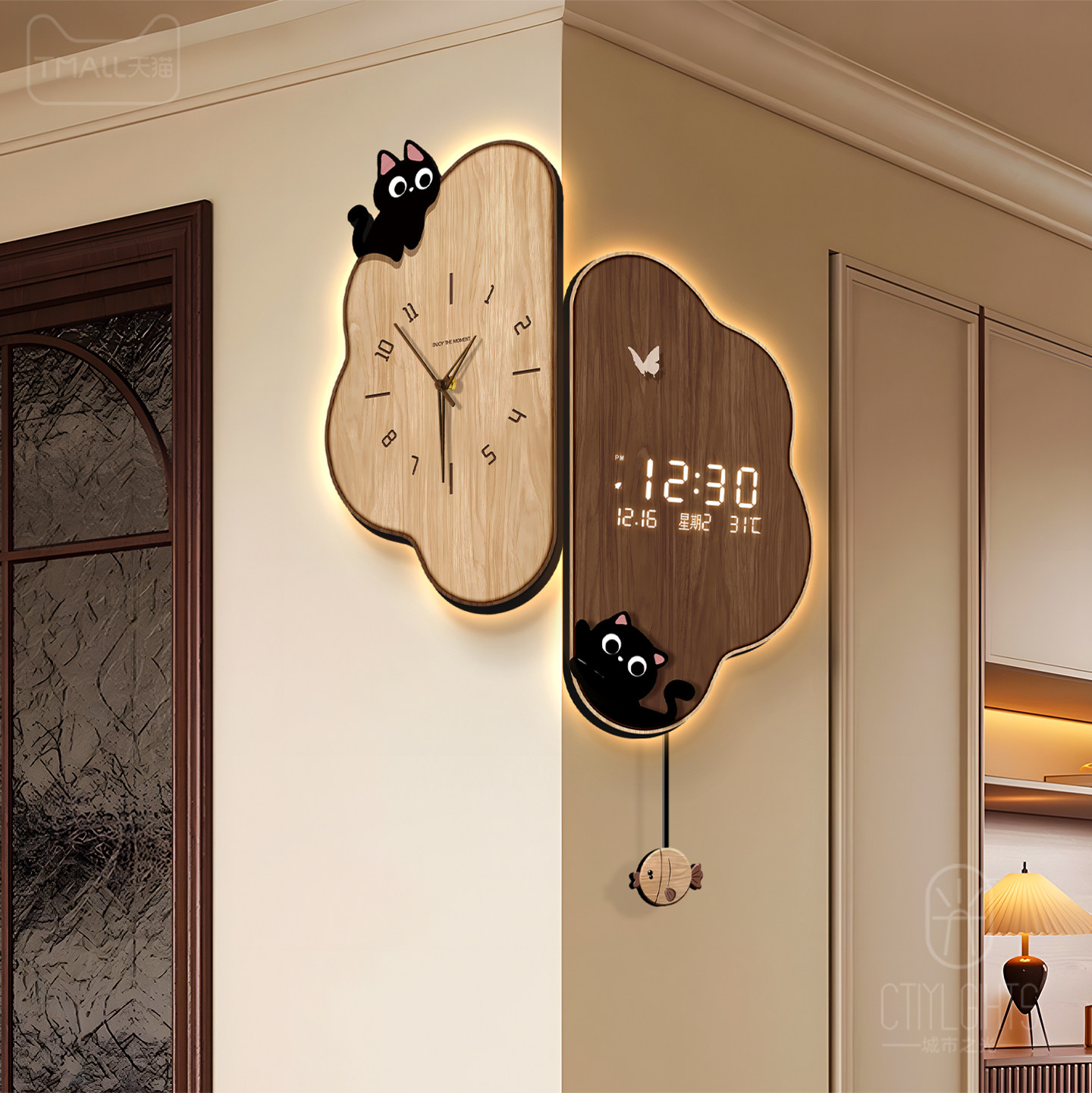 中古风客厅拐角挂钟2026新款猫咪万年历电子钟表创意双面转角时钟,淘宝优惠券,粉丝福利购,淘宝优惠卷