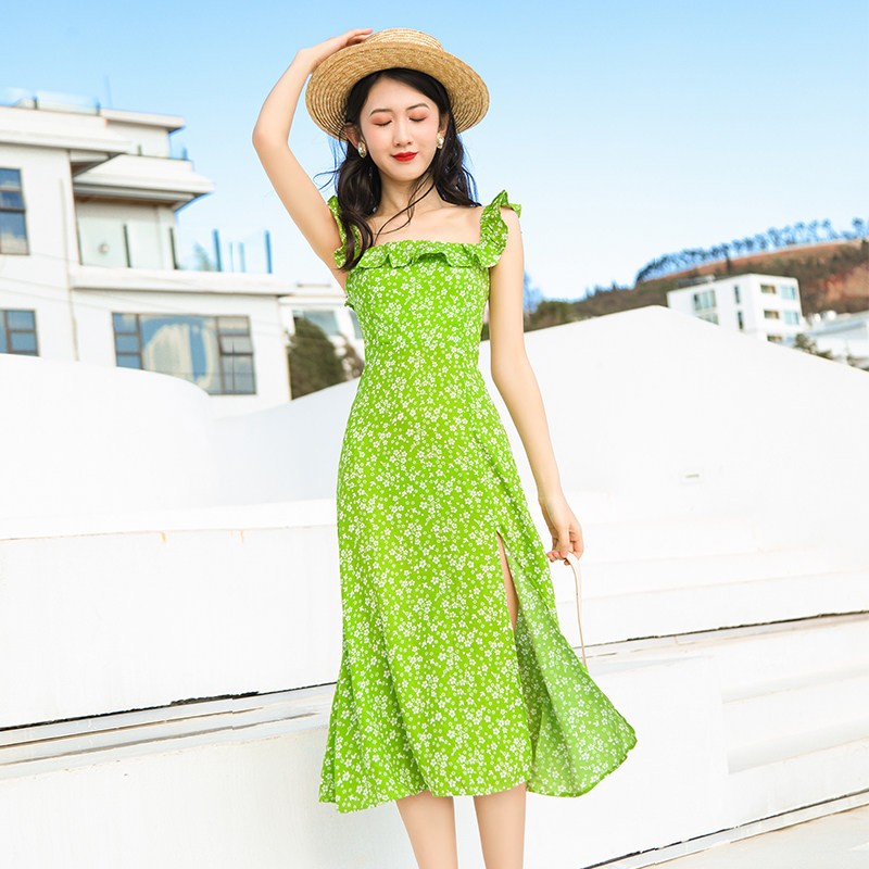 法式复古设计感小众惊艳绿色沙滩裙 拾暇连衣裙