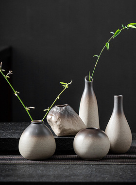 迷你陶瓷花瓶日式陶瓷花器茶桌花瓶粗陶禅意中式铜钱草家居摆件